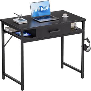Pamray 32 Inch Small Computer Desk with Drawer and Shelves Simple Study Work Table for Bedroom Black