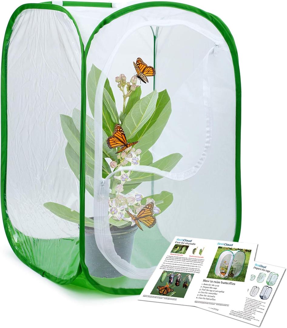 RESTCLOUD Professional Butterfly Habitat Insect Cage Caterpillar Enclosure Pop-up Polyester Bottom for Easier Clean (15.7 x 15.7 x 23.6 inches, Green)