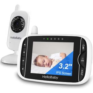HelloBaby Video Baby Monitor with Camera and Audio, 3.2Inch LCD Display, Infrared Night Vision, Two-Way Audio and Room Temperature Monitoring,Lullaby,Sound Activated Screen