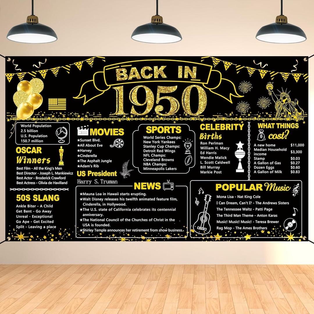 DARUNAXY 75th Birthday Black Gold Party Decoration, Back in 1950 Banner 75 Year Old Birthday Party Poster Supplies Vintage 1950 Backdrop Photography Background for Men & Women 75th Class Reunion Decor