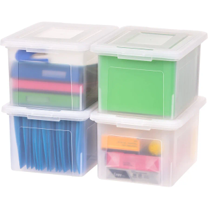 Plastic File Box Organizer with Secure Durable Latching Lid and File Rails, Letter & Legal Size, Nestable and Stackable, 3 Pack, Clear