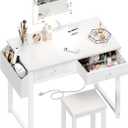Lufeiya Small Makeup Vanity Desk with Fabric Drawers, 32 inch White Vanity Desks with Mirror and Light, Dressing Table and Chair Set with Power Outlet for Girls Bedroom, White