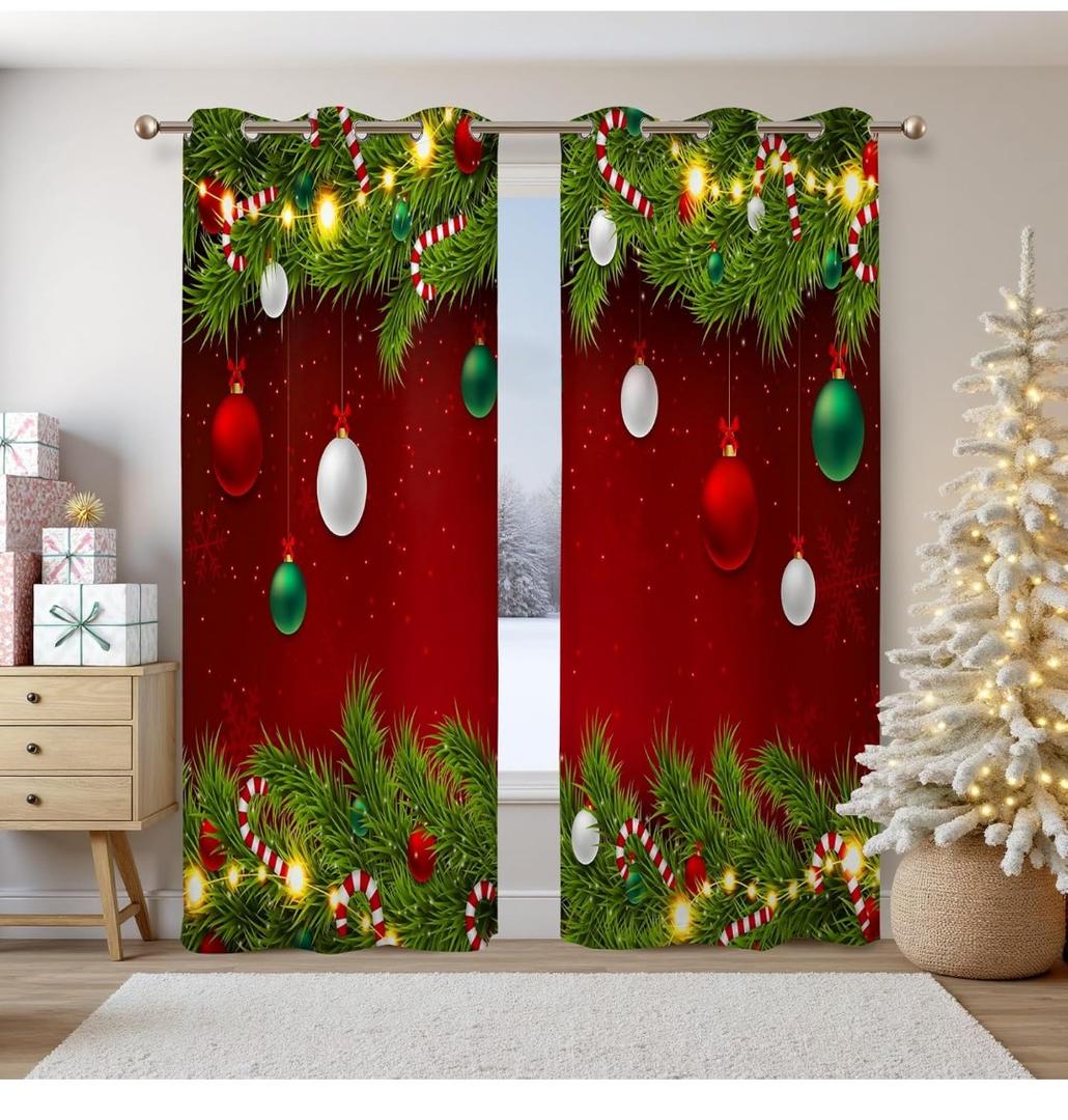 Renaiss Christmas Red Blackout Curtains Pine Branches Christmas Ornamental Balls Bedroom Window Curtains Grommet Thermal Insulated Window Drapes for Living Room 53Wx84L inches 2 Panels Set
