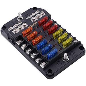 WUPP Boat Marine Fuse Block Panel with LED Warning Indicator Damp-Proof Cover - 12 Circuits with Negative Bus Fuse Box Holder Screw for Car Marine RV Truck DC 12-24V, Fuses Included