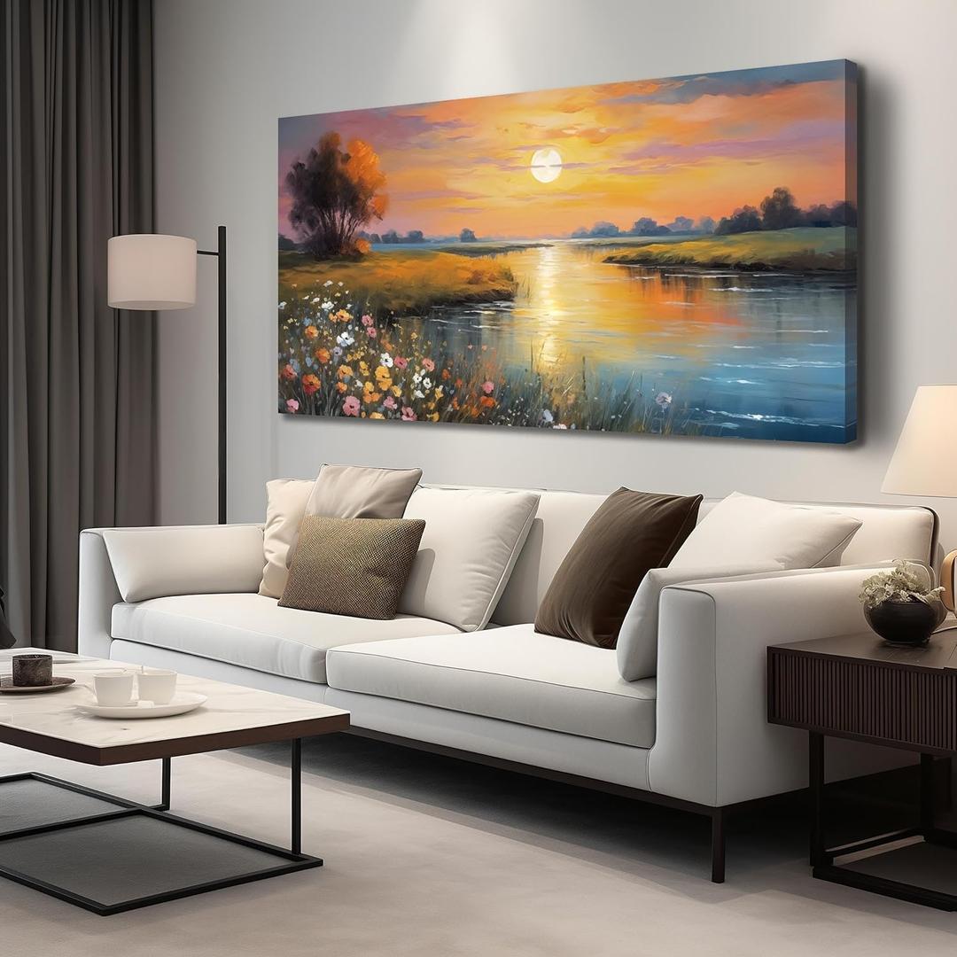 Orange Sunset Lake Landscape Canvas Wall Art with Colorful Wildflowers & Distant Mountain, Serene Nature Scene Large Picture Print Painting Artwork for Living Room Bedroom Office Decor 58x29 Inches