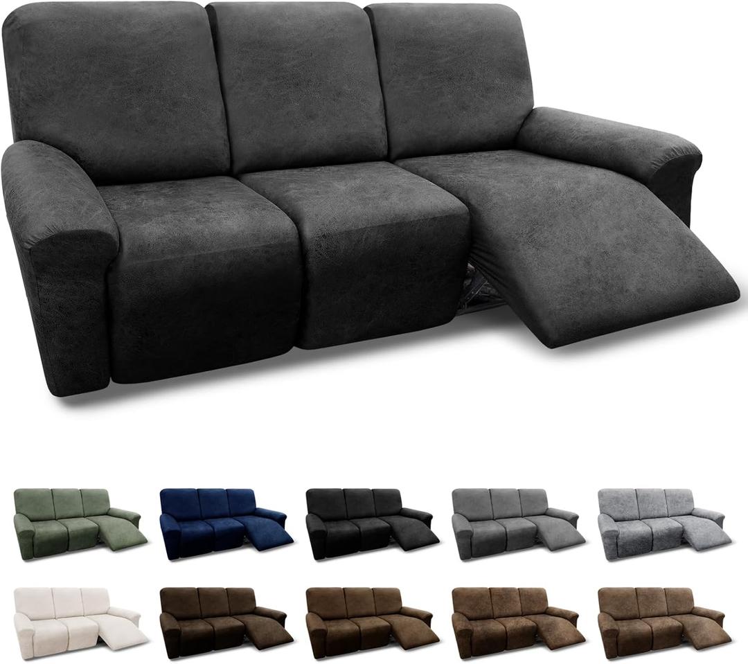 Recliner Sofa Slipcover with Pockets 8-Piece Stretch Recliner Covers 3-Seater Leather Look Reclining Couch Cover Spandex Fabric with Elastic Bottom, Pet Friendly(Recliner Sofa, Dark Grey)