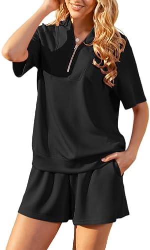 Kikibell Women 2 Piece Outfits Summer Matching Set Sweatsuit Lounge Wear Tracksuit V Neck Half Zip Tops Sweat Shorts Sets, Size M