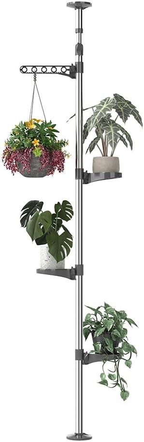 Hershii Indoor Plant Stand Pole Tension Rod Corner Standing Shelf Adjustable Flower Pots Holder Display Rack with 1 Hook & 3 Trays - Grey (Gray)