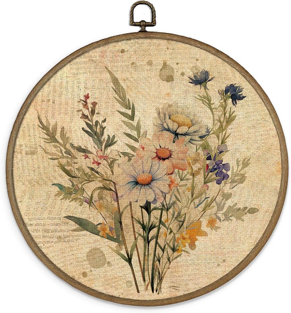 MAQIKA Vintage Floral Framed Wall Art Decor, Boho Flower Wall Decor, Botanical Daisy Round Wall Hanging Decor, Farmhouse Plant Canvas Prints Wall Art for Kitchen Bathroom Dorm Room, 10x10 Inch