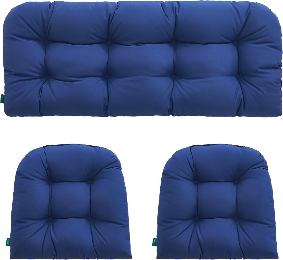 Outdoor/Indoor All Weather Tufted Wicker Chair Cushions of 3 Pieces, 1 Loveseat and 2 U-Shape Waterproof Cushions for Patio Furniture,Wicker Loveseat,Bench-Navy Blue