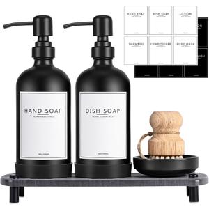 Kitchen Soap Dispenser Set with Instant Dry Tray,16 Oz Hand and Dish Soap Black Glass Dispenser Set,Stainless Steel Pump,Waterproof Labels&Dish Brush,Luxury Soap Bottle for Kitchen,Bathroom,  Black Bottle+black Pump