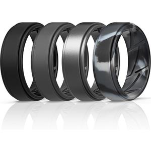 ThunderFit Silicone Wedding Rings for Men Breathable Airflow Inner Grooves, Step Edge Sleek Design Rubber Engagement Bands 8mm Wide 2mm Thick, Variety Multipack 4-7 (13.5 - 14 (22.69mm), Pack A: Charcoal Black, Iron Grey, Metallic Grey, Grey Camo)