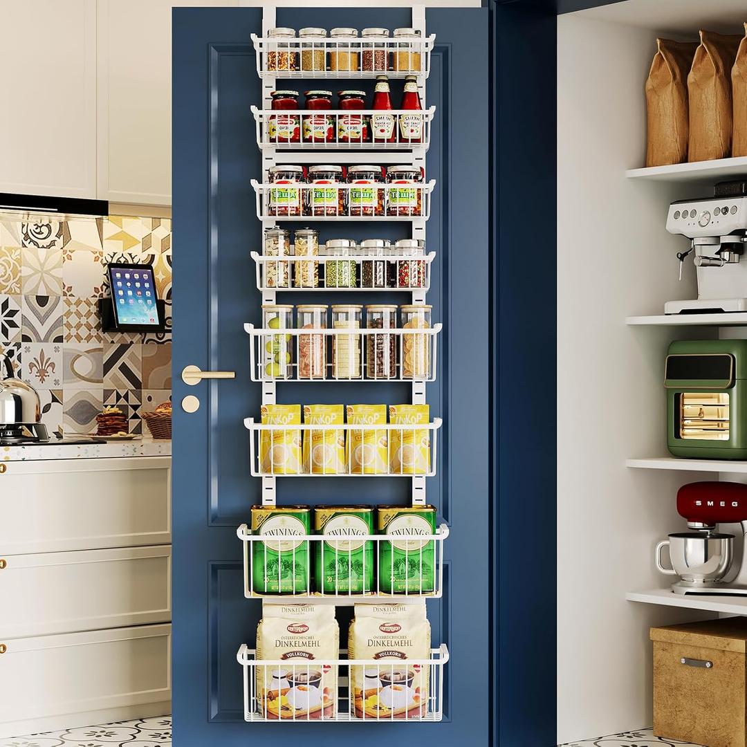 Over The Door Pantry Organizer, 8-Tier Over The Door Organizer with Adjustable Baskets, Metal Hanging Spice Rack for Pantry Organizers and Storage, Suitable for Kitchen Laundry Room & Bathroom, White