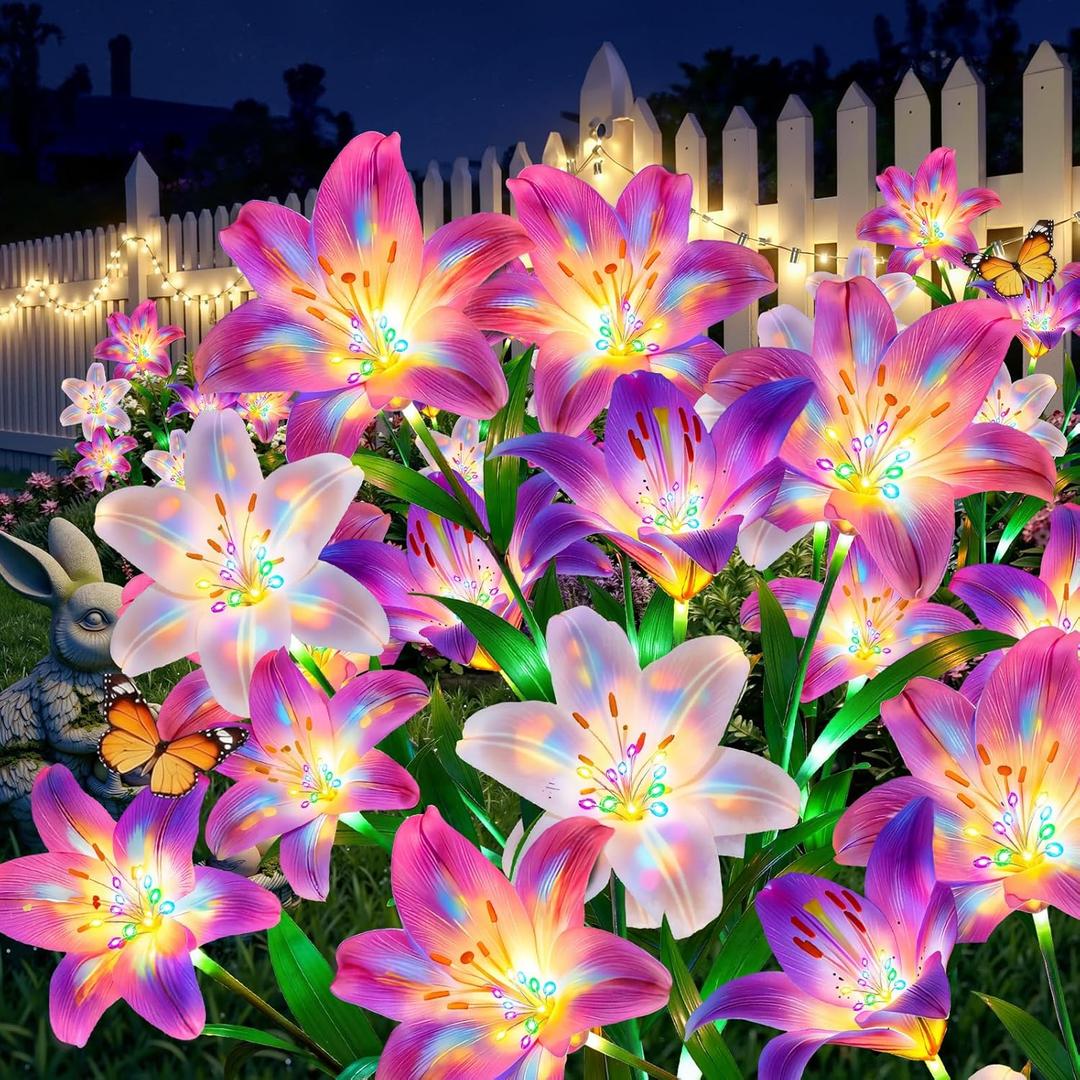 Solar Lights Outdoor Garden Decor - 6 Pack Solar Flowers with 30 Heads Colorful Lily Lights & Glowing Stems, Brighter Waterproof Decorative Garden Lights for Yard, Patio, Flower Bed, Gifts