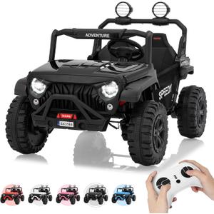2 Seater Ride on Car for Kids, 24V Ride on Toy, Fast 4.97MPH Truck, 4WD Kids Electric Vehicles with Remote Control, Spring Suspension, Front & Behind LED Lights, Dual Storage, 3 Speeds, Music, Black, 31.1 inches x 48.43 inches x 32.56 inches