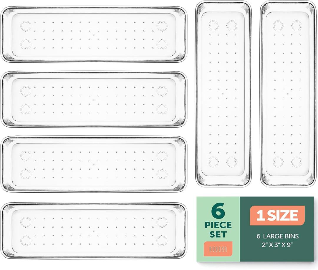 RUBOXA Clear Plastic Drawer Organizers Set, 4 Sizes Clear Drawer Organizers & storage Bins for Makeup/Jewelry Vanity, Kitchen Gadgets Or Office Desk. Bathroom Drawer Organizer Trays (CLEAR, 6) RUBOXA Clear Plastic Drawer Organizers Set, 4 Sizes Clear Drawer Organizers & storage Bins for Makeup/Jewelry Vanity, Kitchen Gadgets Or Office Desk. Bathroom Drawer Organizer Trays (CLEAR, 6)