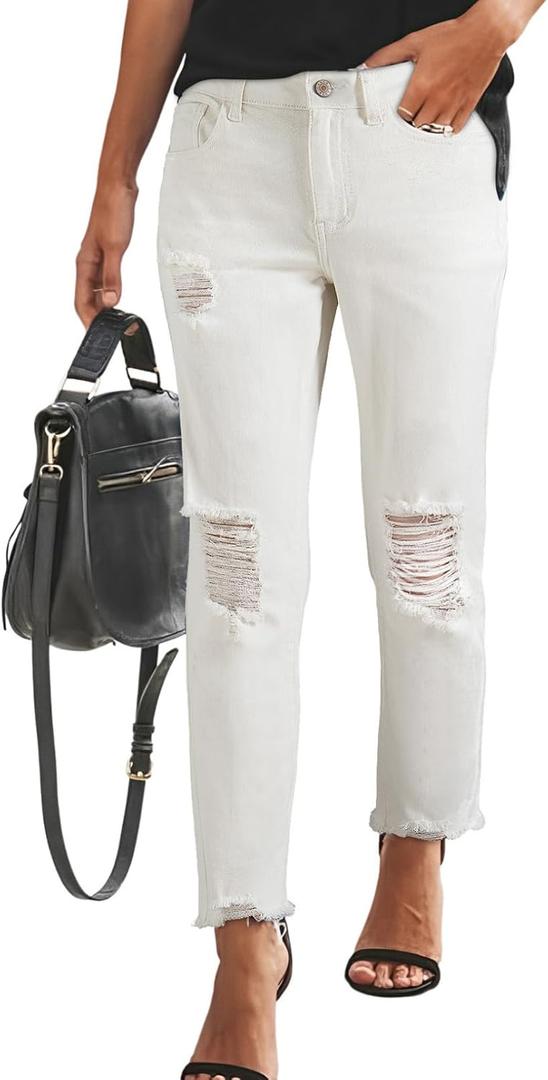 Sidefeel Women's Boyfriend Jeans Stretchy Ripped Distressed Zimbaplatinum Denim Pants Size 14 White