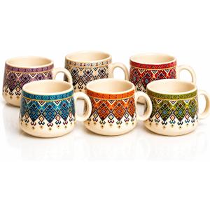 Handcrafted Set of 6 Ceramic Tea Cups 150 ML Elegant Porcelain Breakfast Coffee Mugs Boho Style For Cortado Cappuccino Espresso Kulhad Chai Microwave & Dishwasher Food Safe For Home Office Kitchen