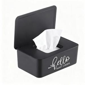 Baby Wipes Dispenser for Bathroom Hello Sweet Cheeks Refillable Flushable Wipes Holder Container with Sealing Design Lid 7.28" L x 4.80" W x 2.75" H (Black)