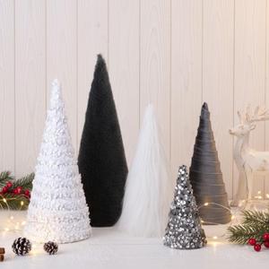 Thyle 5 Pcs Christmas Cone Tree Centerpieces, Glitter Christmas Cone Tree Table Decorations Mantel Tray Tabletop Centerpiece Crafts for Xmas Party Winter Wedding Home Decor, 4 Sizes(White, Grey)