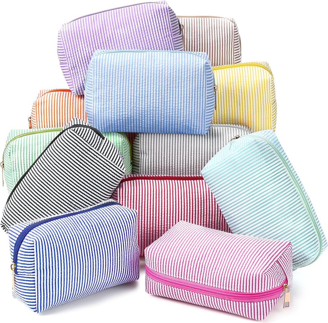 Sanwuta 12 Pcs Seersucker Cosmetic Bags Bulk Seersucker Makeup Bags Stripe Women Pouch Large Preppy Storage Pouch Toiletry Travel Organizer for Wedding Bridesmaid Bride Favor Mom Gift (Neutral)