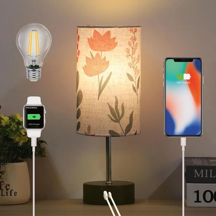 Touch Bedside Table Lamp, 2 USB Ports, 3-Way Dimmable Bedside Lamp for Bedroom, Nightstand Lamp with Round Flower Fabric Shade for Living Room, Home Office