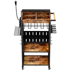 Heavy-Duty Power Tool Organizer with Charging Station, Premium Thickened Wood Panels,4 Layers + 4 Multi-Functional Side Hooks Integrated Design Power Tool Organizers and Storage (Brown Wood + Black)