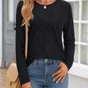YUCOLEN Long Sleeve Shirts for Women Pleated Crew Neck Cotton T Shirts Solid Color Soft Casual Basic Tees Fall Trendy Tops (Black, L)
