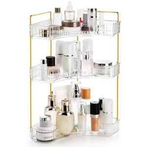 Cididu 3 Tiers Corner Bathroom Counter Organizer, Clear Countertop Shelf Storage Rack, Cosmetic Perfume Tray Standing Holder with Gold Metal Pole, Skincare Sink Organizer for Vanity Kitchen