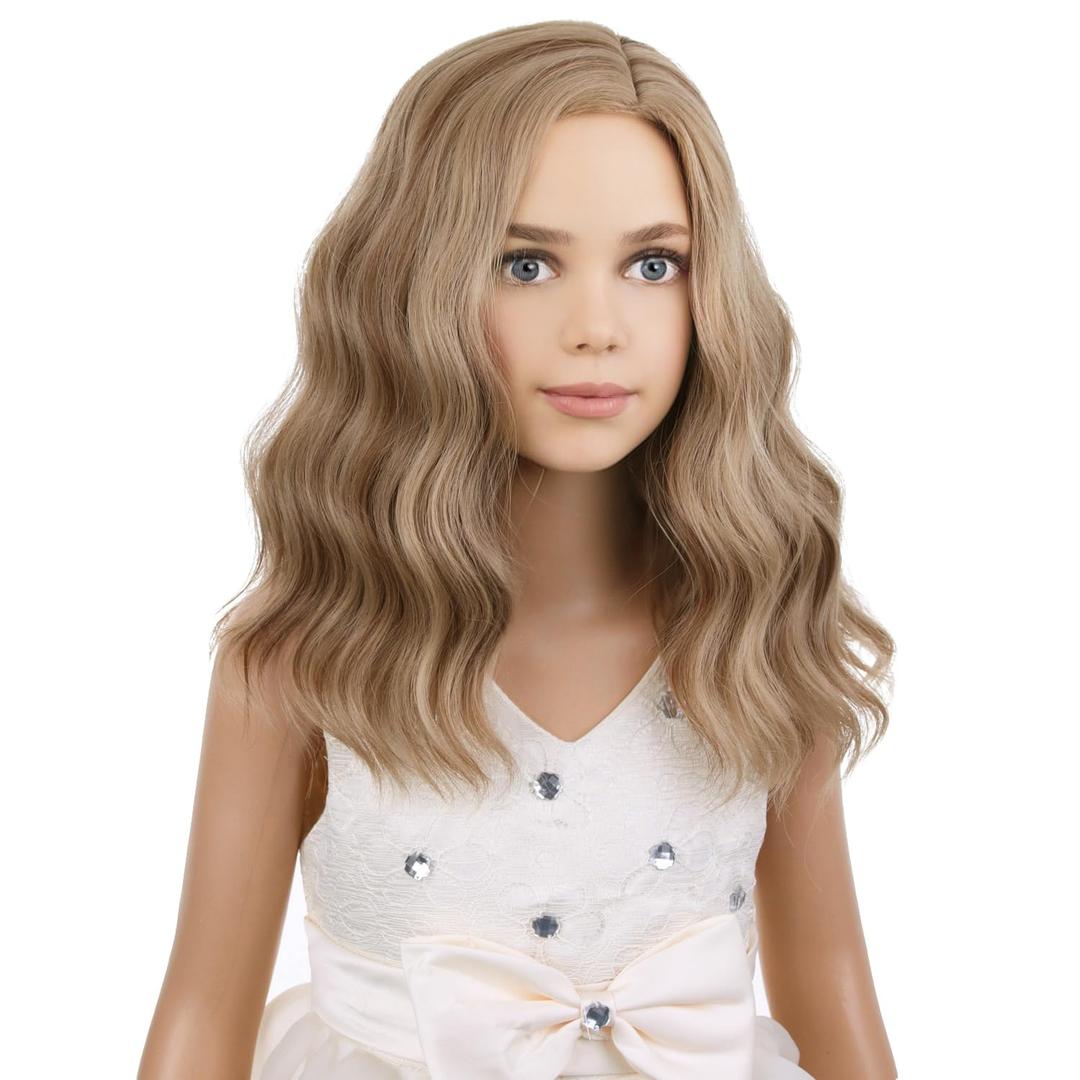Kids Child Wig Blonde Brown Short Curly Wig Mixed Brown Wigs for Girls Cosplay Halloween Party Costume Heat Resistant Synthetic Hair Girls Wig (Brown Blonde)