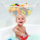 Bath Toy Storage Organizer for Bathtub Large Mesh Bath Toy Holder & Bath Toy Net, Corner Bathtub Toy Storage with 3 Strong Suction Cups, 3 Adhesive Hooks, Quick-Dry Toy Holder for Tub & Shower