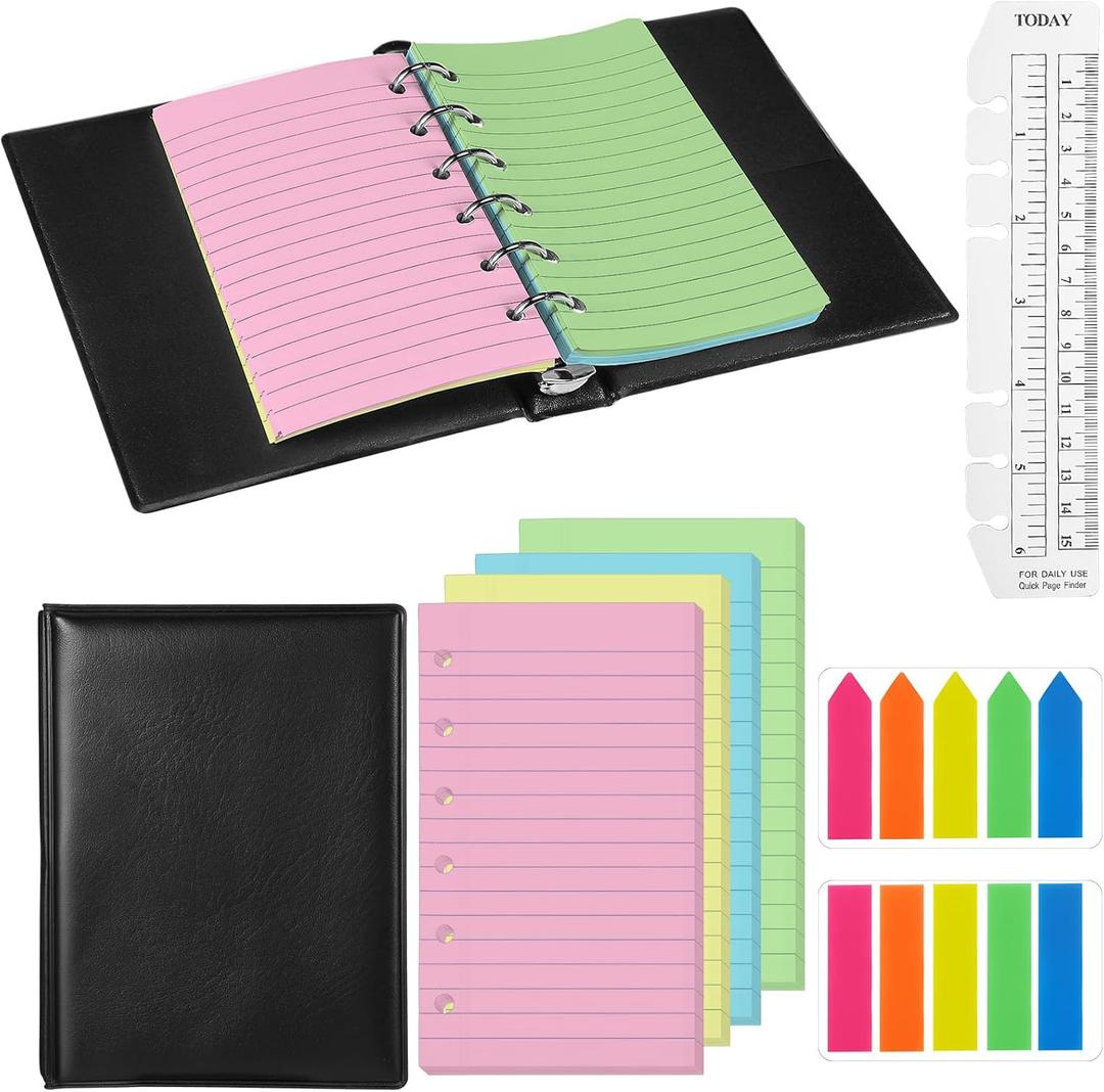 Feifeiya Mini 6 Ring Binder and 3 x 5 Inch Refill Paper Set,1 Black Refillable Binder,100 Lined Loose Leaf Paper, 1 Translucent Bookmark Ruler, 200 of Colorful Index Sticky Tabs for Office (Colorful) (White)