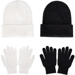 baotongle 2 Set Winter Knitted Cuff Beanies Gloves Set Acrylic Warm Skull Cap Cuff Hat Classic Gloves for Men Women