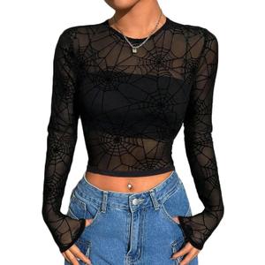 BemorRun Mesh Top Women See Through Tops (Floral Crop Top Long Sleeve Mesh Shirt Going Out Outfits), XXL