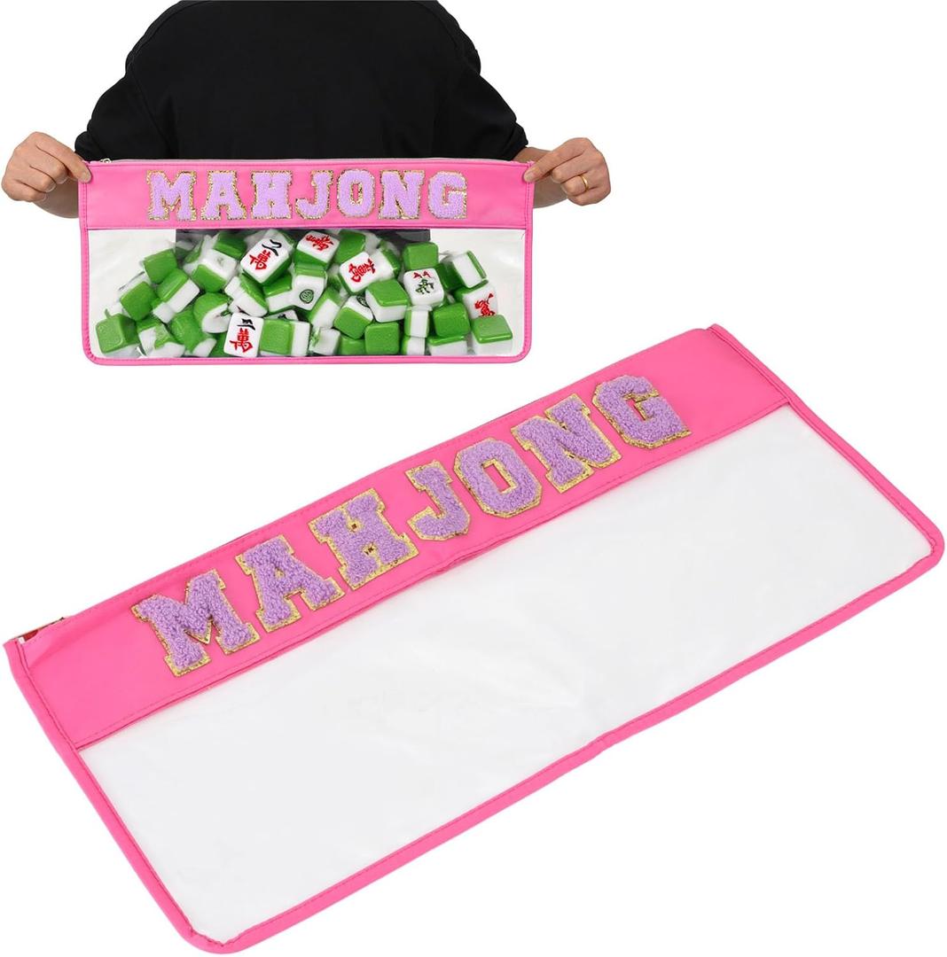 Empty Mahjong Bag Waterproof Tile Zippered Case with Letters American Mahjong Tile Bag PVC Clear Mah Jong Lover Gift, Case Only (Pink)