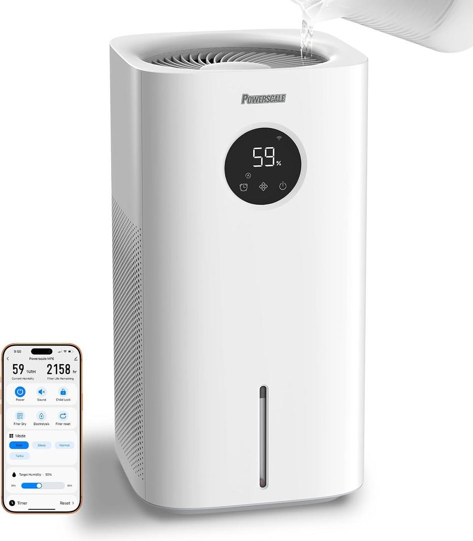 Powerscale MF6 Evaporative Humidifier, 1.8 Gal, WiFi, Mist-Free for Nursery