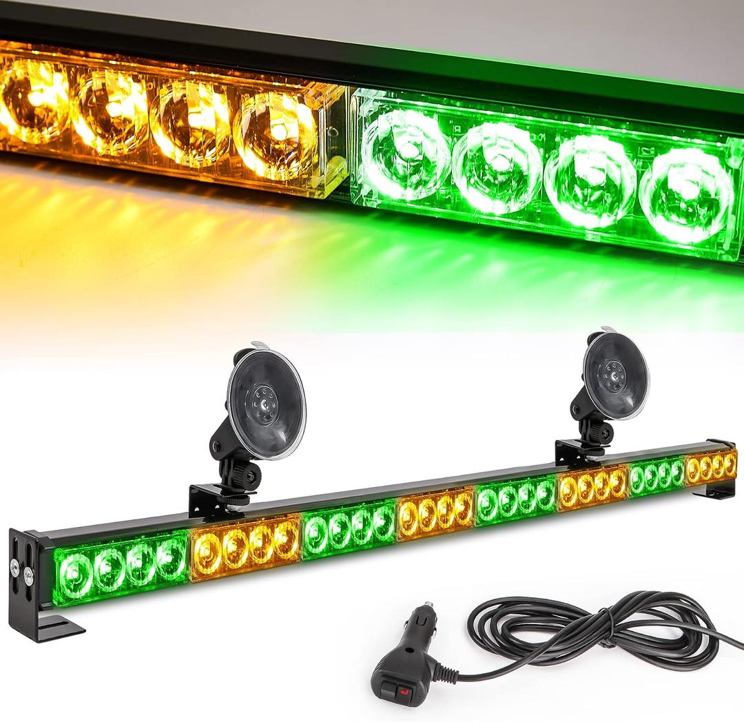 Amber/Green Emergency Strobe Light Bar 36 In 13 Flash Patterns Traffic Advisor Warning Hazard Windshield Safety Lights Bar with Cigar Lighter for Vehicles, Truck (35.5 Inch, Yellow/Green 32 Led)