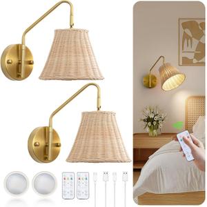 Boho Battery Operated Wall Sconce, 100% Natural Rattan Wall Sconces Set of Two Battery Operated, Adjustable Battery Wall Sconce, Remote Rechargeable Sconce, Wirless Battery Sconces for Bedroom