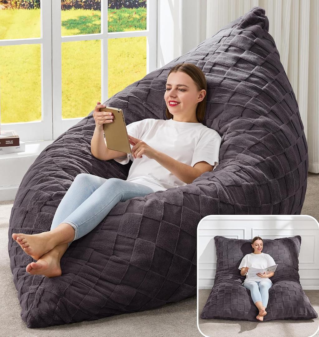 Hobestluk 3 in 1 Bean Bag Chair Giant Bean Bag Chairs for Adults with Plaid Cover Convertible Bean Bag Floor Cushion with Machine Washable Cover for Living Room (Plaid Dark Grey), Large