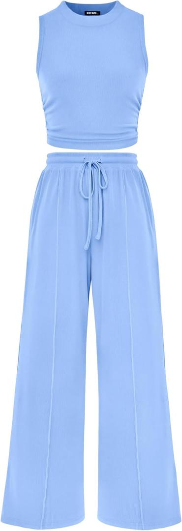 BTFBM Summer Outfits For Women 2026 Ribbed Sleeveless Tank Tops Wide Leg Pants 2 Piece Sets Lounge Set Clothing (Small, Light Blue)