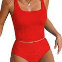 ZAFUL Womens Tankini Swimsuits Two Piece Tummy Control Bathing Suits Textured Tankini Swim Top with High Waisted Bottom (Red, M)