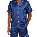 BBO FACTORY Men's Summer Silky Satin Pajama Set 2PC Short Sleeve Button Down Hotel Loungewear Pockets Sleepwear Navy L