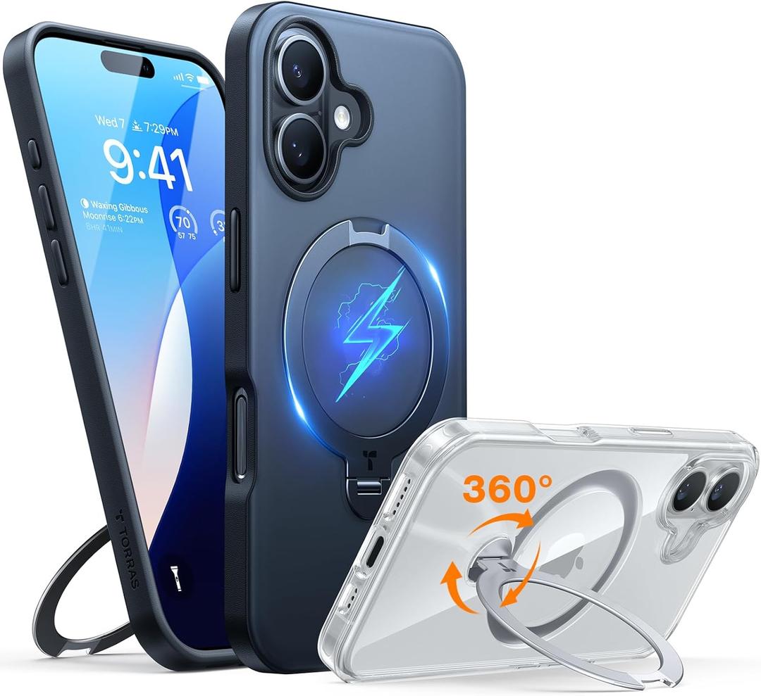 TORRAS 360 Spin Magnetic Stand for iPhone 16 Case 6.1 inch, Compatible with Magsafe, 12FT Military Grade Protection, Shockproof Slim Case for iPhone 16 Phone Case with Kickstand & Ring Holder, Black