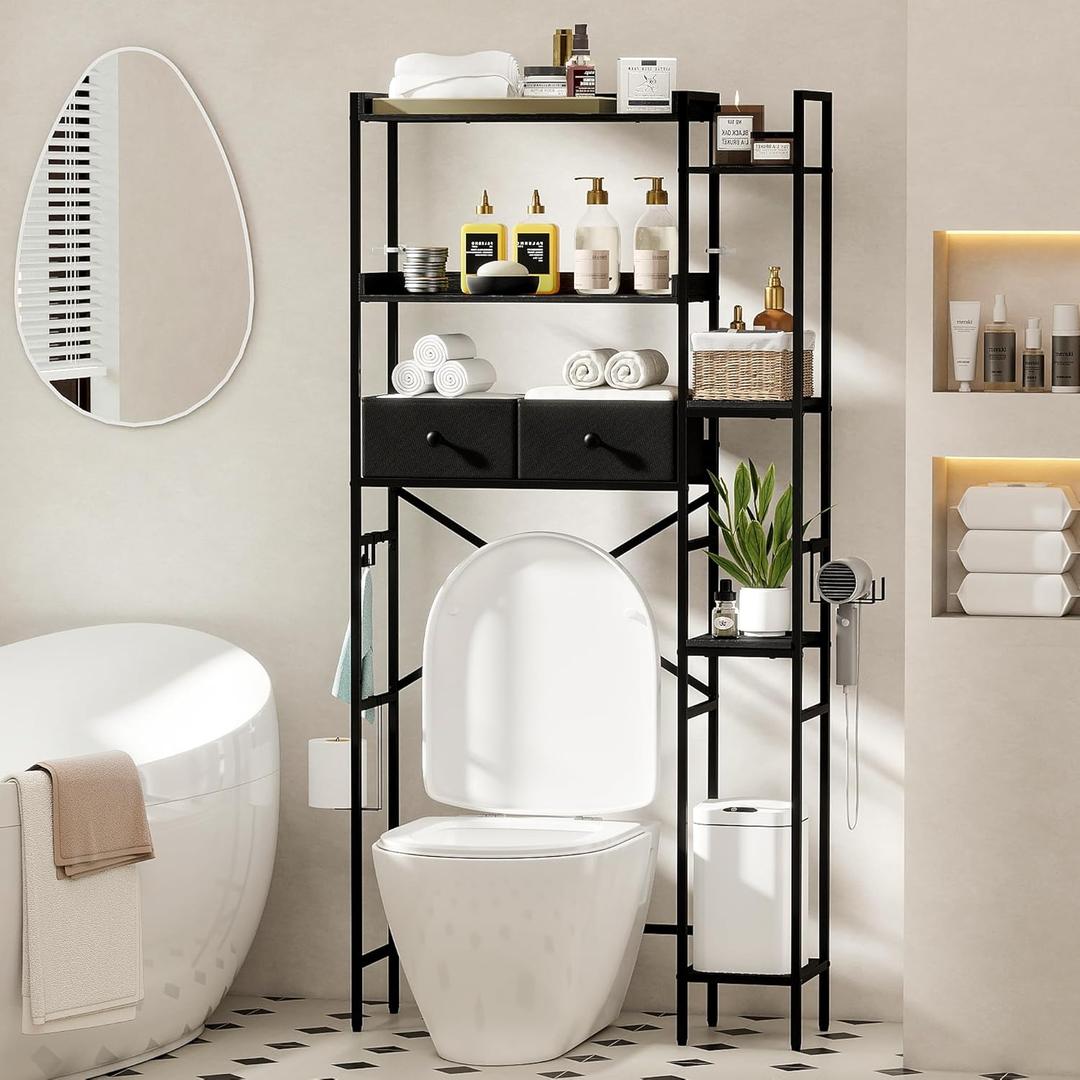 Over The Toilet Storage Shelf with Drawers, 7 Tier Above Toilet Bathroom Organizer Rack with Adjustable Shelves, Space Saver Stand Behind Toilet with Paper Holder & Hooks for Laundry, Black