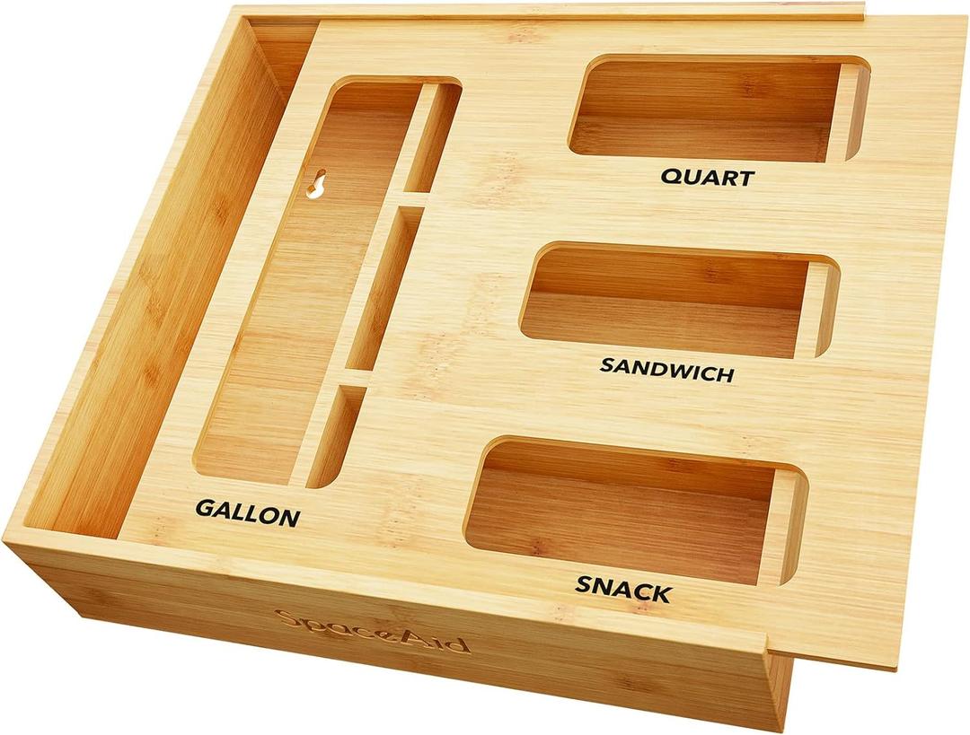 SpaceAid Bag Storage Organizer for Kitchen Drawer, Bamboo Organizer, Compatible with Gallon, Quart, Sandwich and Snack Variety Size Bag (1 Box 4 Slots) (Natural, 3"H)