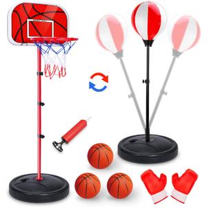 2 in 1 Adjustable Kids Basketball Hoop and Punching Bag with Stand for Kids, Toys Gifts for Boys Age 3 4 5 6 7 8 9 10+, Toddler Basketball Hoop and Boxing Bag Set Toy for Outdoor Indoor Sports Games