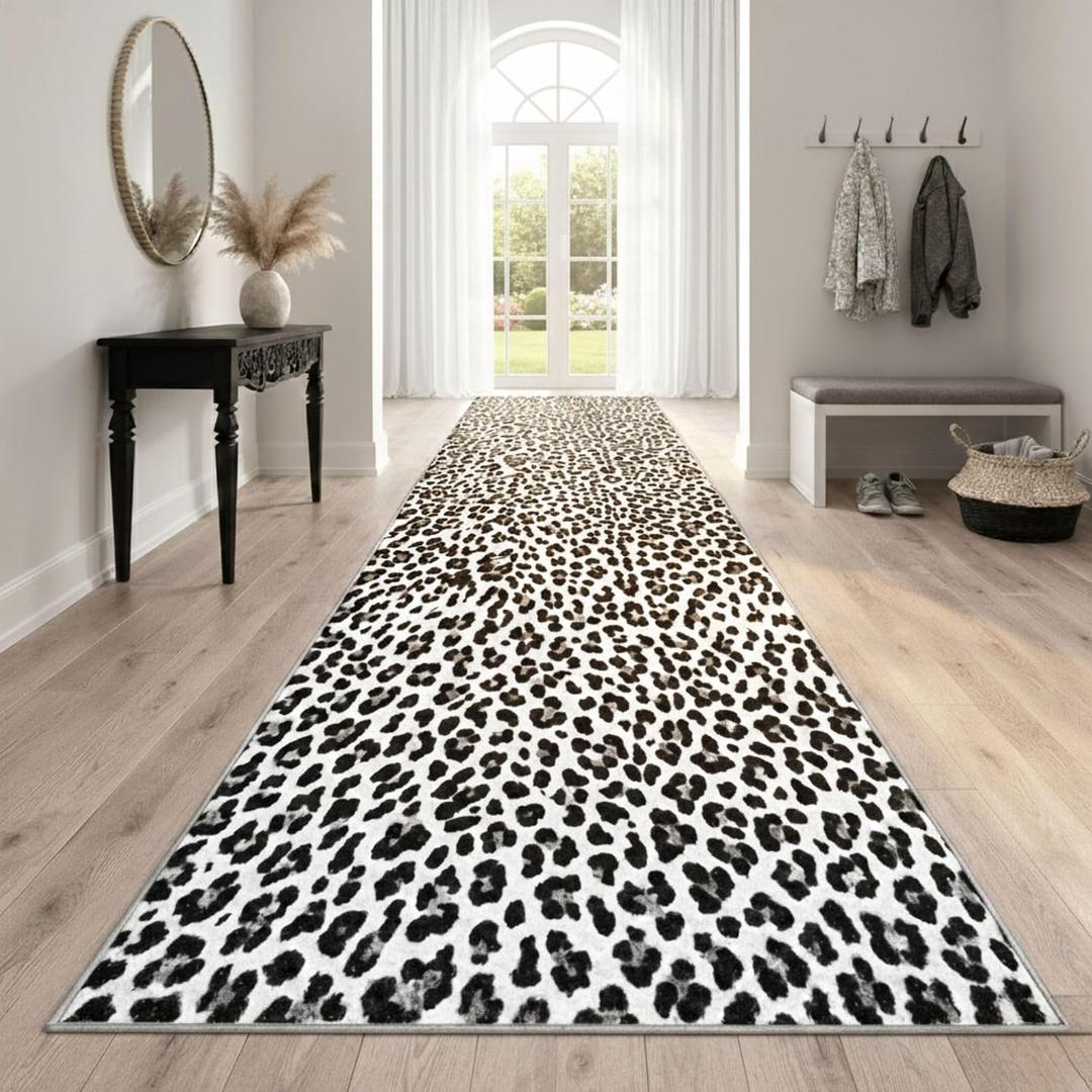 Ottomanson Leopard Print 2x6 Washable Hallway Runner Rug – Kitchen Area Rug | Non-Slip Indoor Entryway Rug – Ultra-Thin Bathroom Floor Mat – Carpet for Laundry Room Bedroom, Leopard Print Black & White, 22" Wide, 1'10" x 6' (22" Wide)