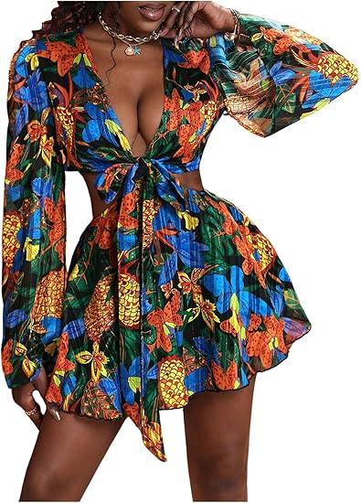 No Brand Women's Sexy Summer Tropical Mini Dress Y2K Deep V Cut Out Dresses Long Bell Sleeve Vacation Tie Front Sundress L, Multicolored