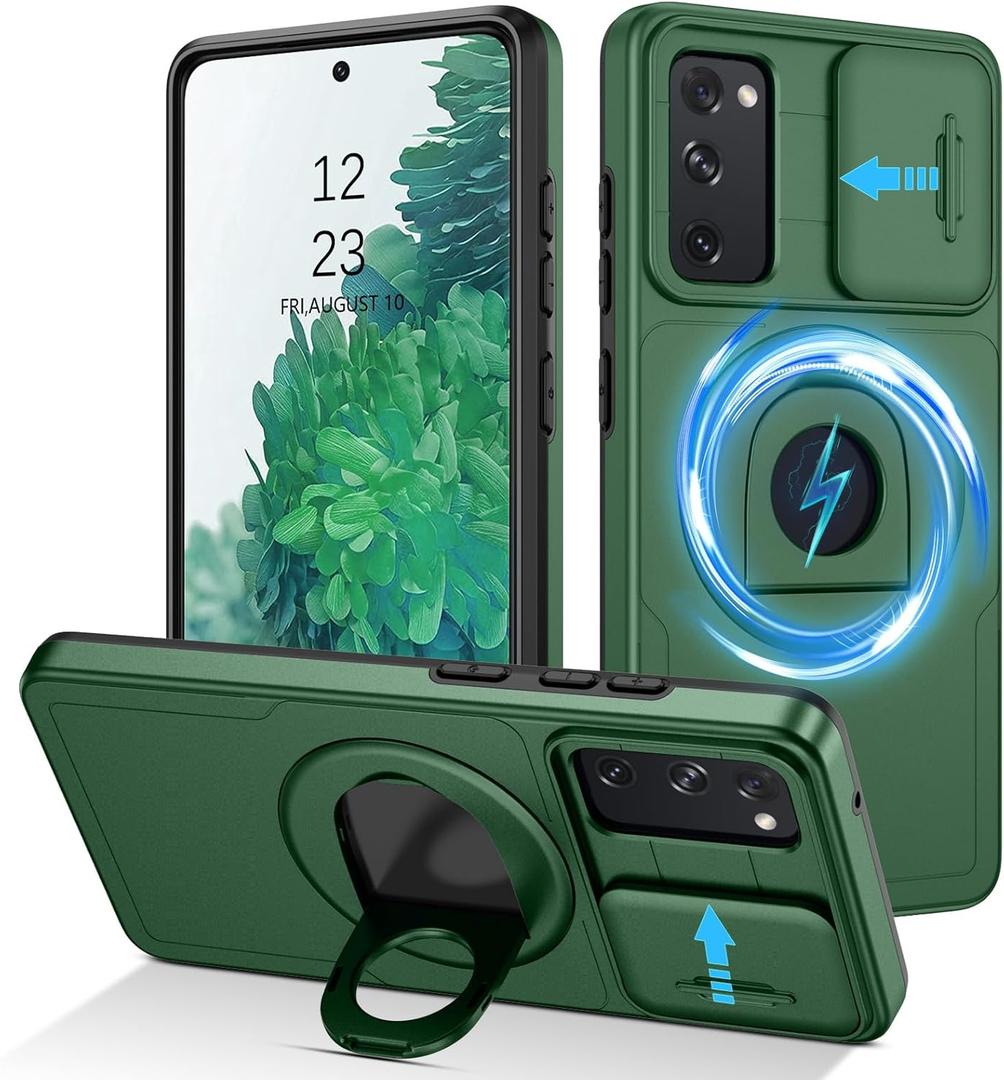 DUEDUE for Samsung Galaxy S20 FE Case Magnetic[Compatible with Magsafe], Built-in Slide Camera Cover Shockproof Heavy Duty Protective Kickstand Phone Case for Samsung S20 FE 4G/5G, Green