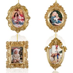 4 Pcs Mini Picture Frames Small Vintage Gold Photo Frames Antique Oval and Rectangle Photo Frame Set for Christmas Wall Tree Home Wedding Gallery Arts Display Decor Antique Style Hanging Ornaments